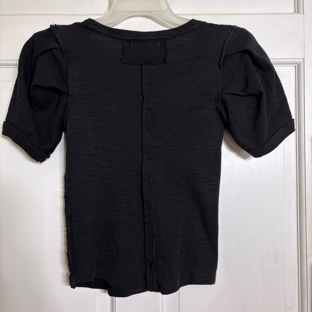 Free People We The Free Tee Womens Medium Black Puff Sleeve Scoop Neck Slub Knit